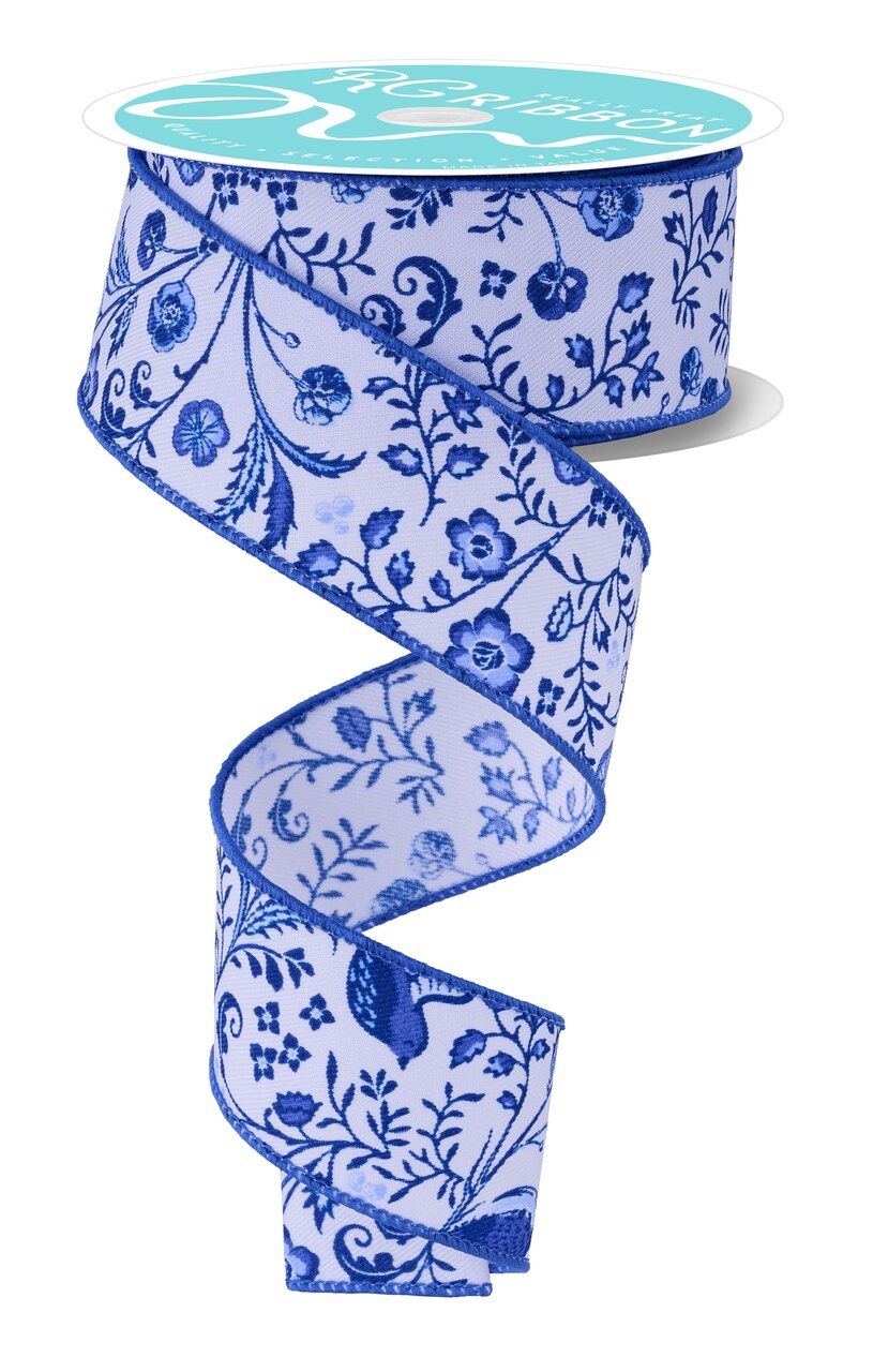 Brilliance 4" Chinoiserie Florals Wired Ribbon 30' - Ivory, Sage Green - For Flower Pattern Bows, Wreaths, Gift Wrap, Crafts and Decorations